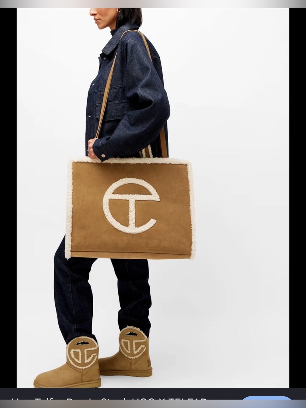 UGG x Telfar Medium Suede Shearling Shopping Tote Bag in Chestnut